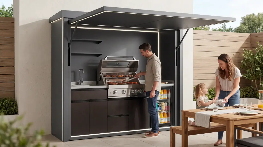 Familie kocht an einer BAXALT Compact Outdoor-Küche