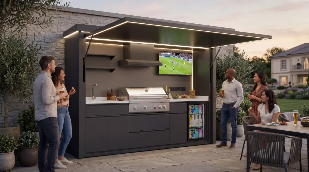 Amici che guardano una partita di calcio accanto a una cucina da esterno BAXALT Family al tramonto