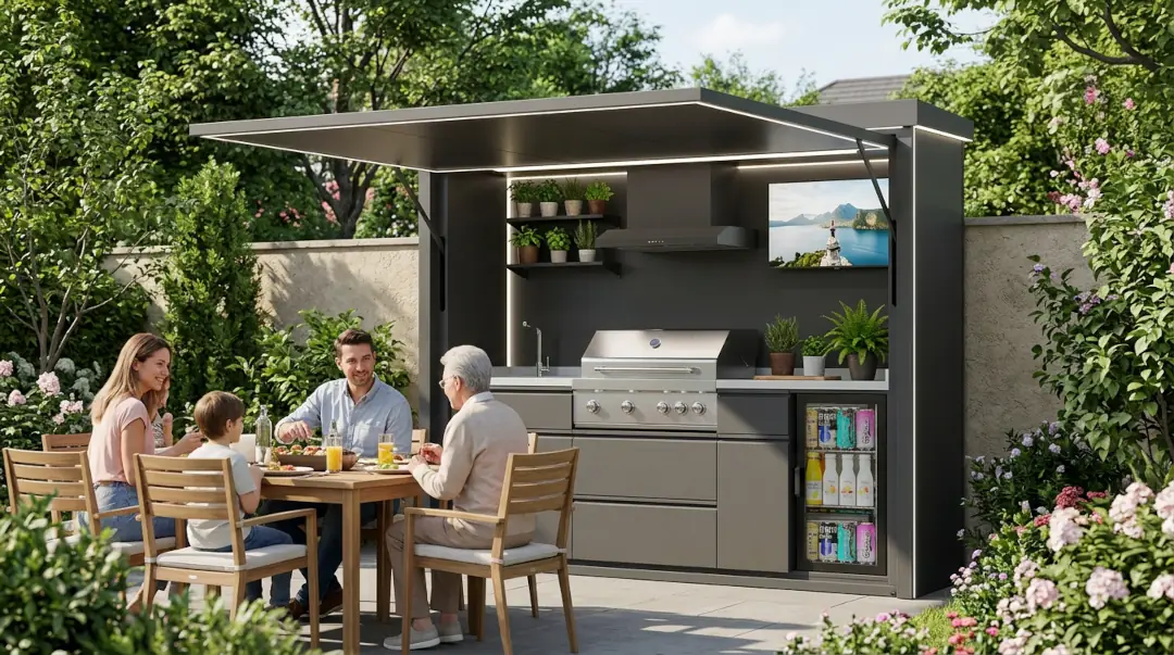 Famiglia che cucina insieme su una cucina da esterno BAXALT Family