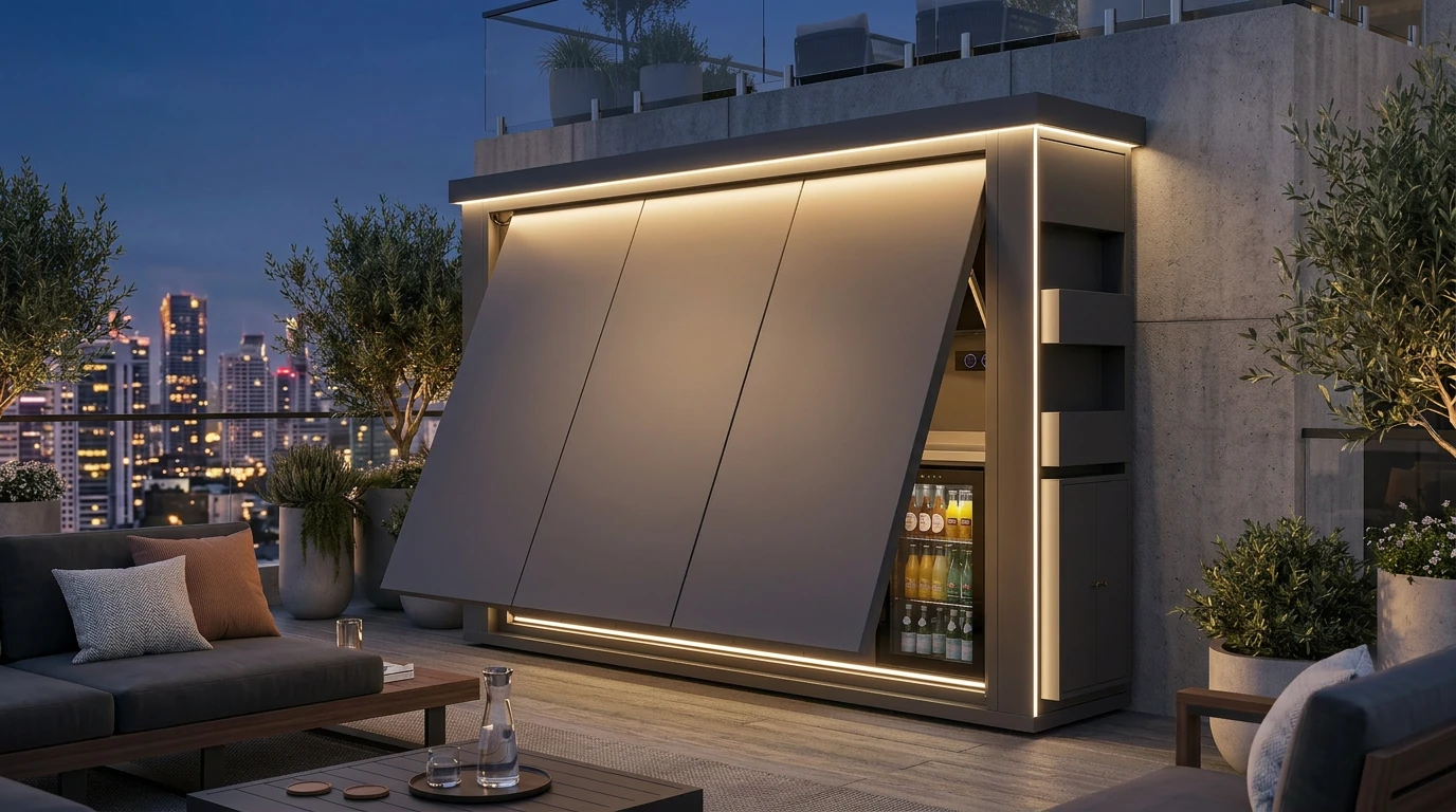 Porta di una cucina da esterno BAXALT Premium che si chiude di notte in città