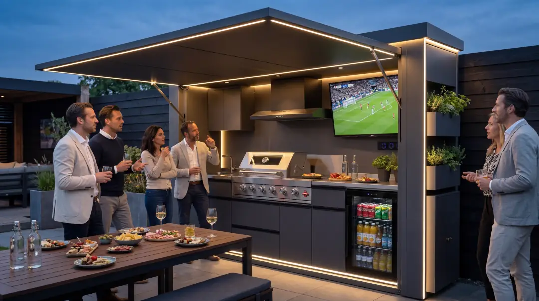 Amici che guardano una partita di calcio accanto a una cucina da esterno BAXALT Premium al tramonto