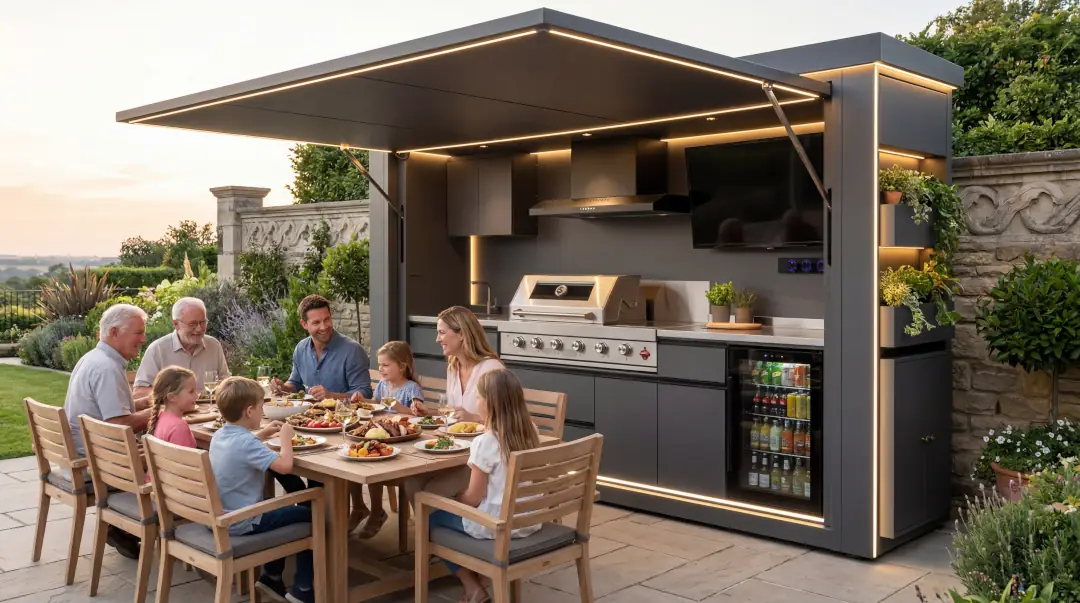Famiglia che mangia in giardino accanto a una cucina da esterno BAXALT Premium