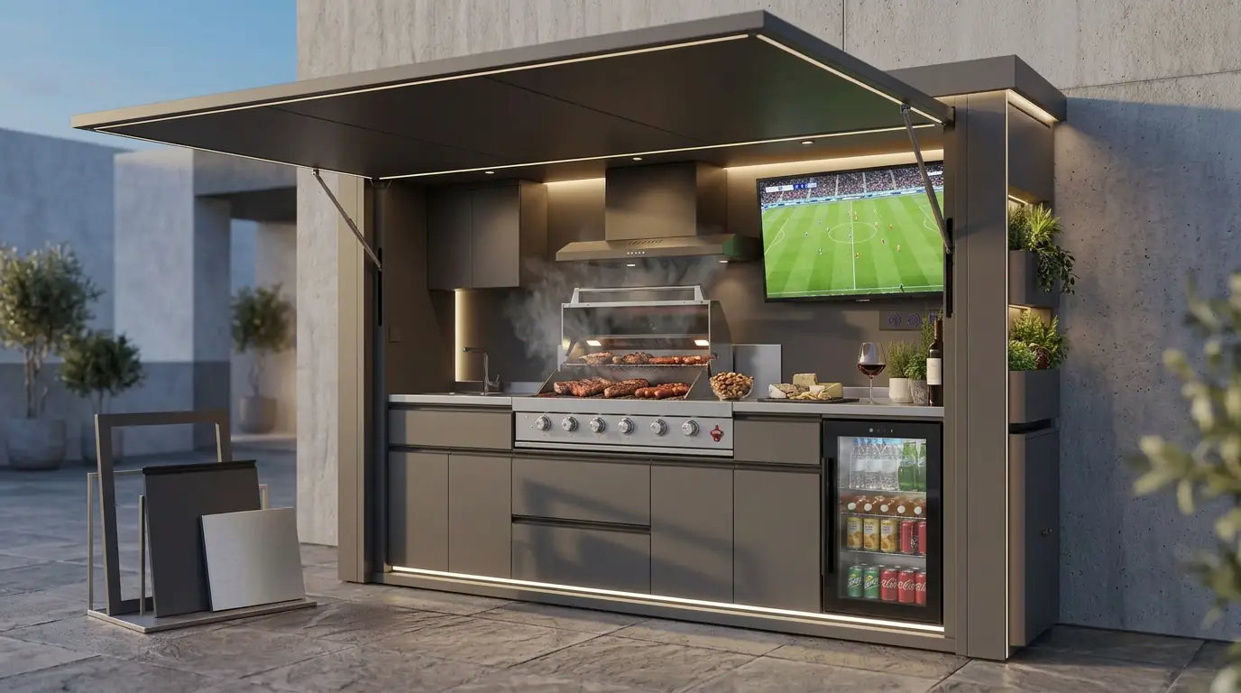 Cocina exterior modular premium BAXALT con estructura de acero inoxidable y encimera mineral instalada en terraza